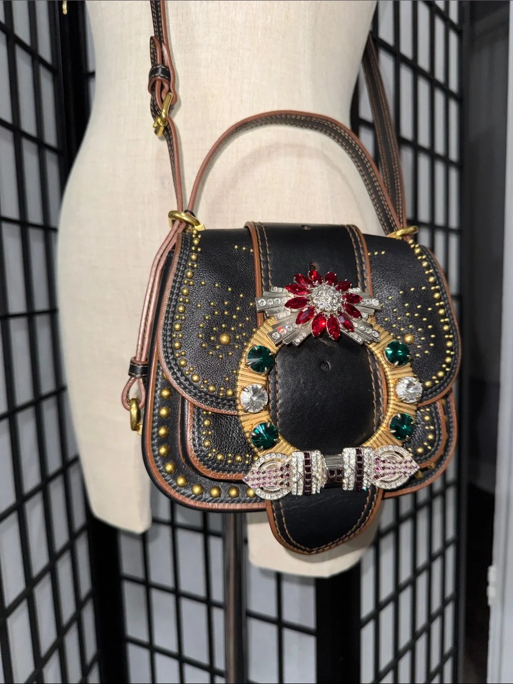 Miu Miu Rare Dahlia Madras Crystal Stud Crossbody/Shoulder Bag – Black Leather